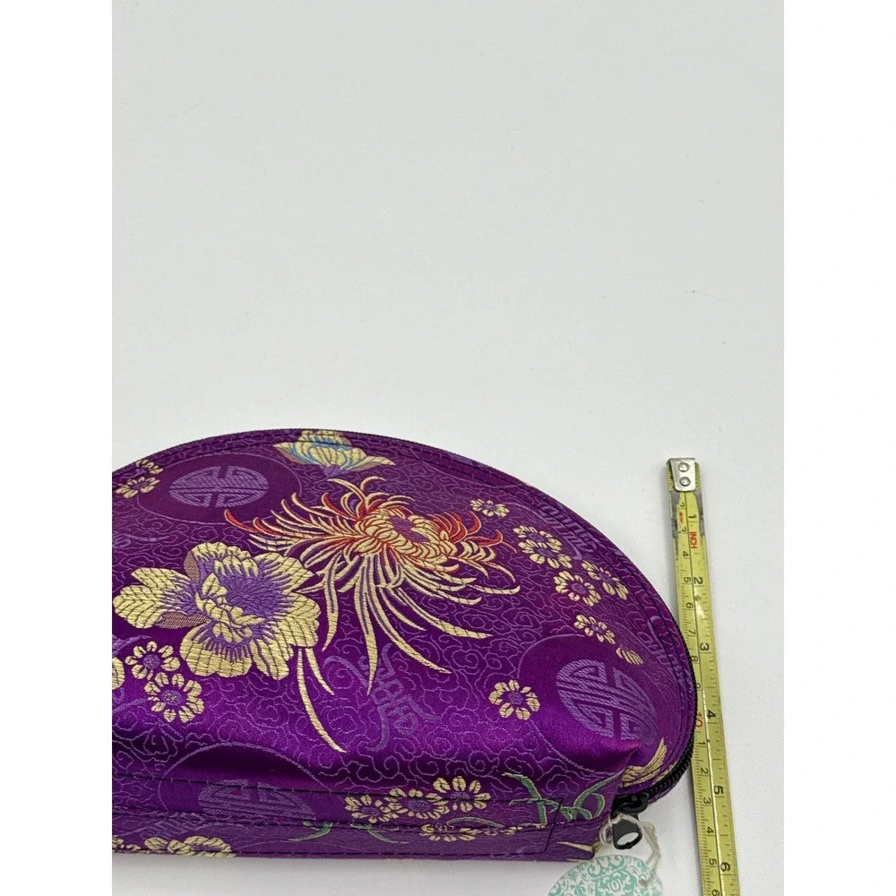 Purple Floral Brocade Makeup Bag Oriental Satin Cosmetic Pouch Made in USA NWT